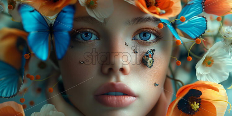 Woman portrait with flowers and butterflies spring summer season - Starpik