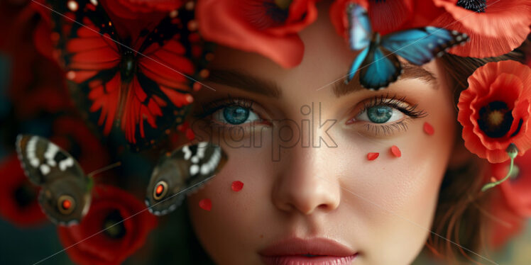 Woman portrait with flowers and butterflies spring summer season - Starpik