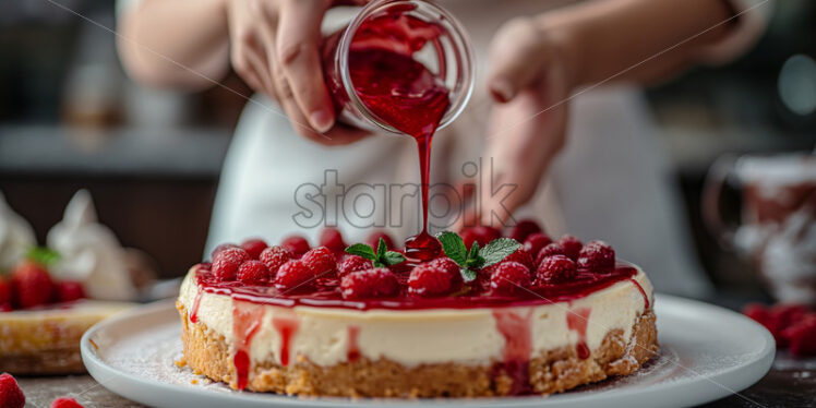 Woman pouring jam on a cheesecake - Starpik