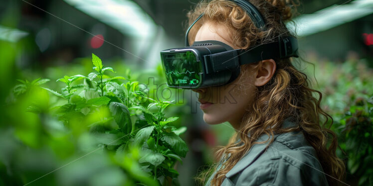 Woman using VR glasses in growing organic greens agriculture - Starpik