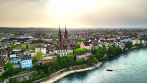 VIDEO Aerial, drone view of Basel and River Rhine in Switzerland - Starpik