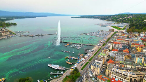 VIDEO Aerial, drone view of the Geneva Water Fountain in Switzerland - Starpik