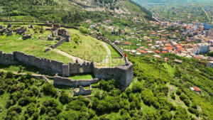 VIDEO Aerial, drone view of the Lezhe Castle in Lezhe, Albania - Starpik