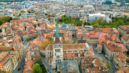 VIDEO Aerial, drone view of the buildings surrounding the St Pierre Cathedral in Geneva, Switzerland - Starpik