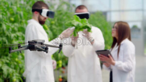 VIDEO Drone filming three laboratory technicians in white coats wearing Virtual Reality headset, working with plants grown with the Hydroponic method in a greenhouse - Starpik