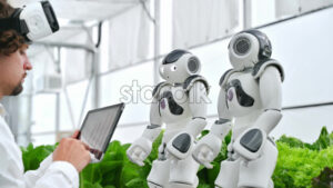 VIDEO Laboratory technician in a white coat wearing virtual reality headset analysing graphs on a tablet while interacting with two humanoid robots in a greenhouse farm - Starpik