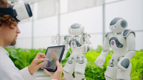 VIDEO Laboratory technician in a white coat wearing virtual reality headset analysing graphs on a tablet while interacting with two humanoid robots in a greenhouse farm - Starpik