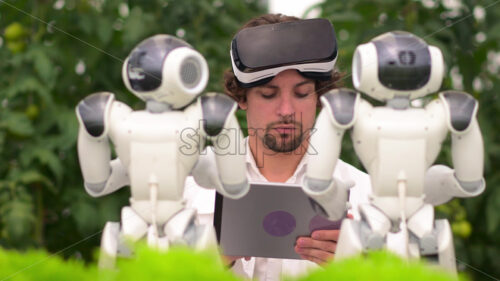 VIDEO Laboratory technician in a white coat with virtual reality headset holding a tablet while analysing two humanoid robots in a greenhouse farm - Starpik