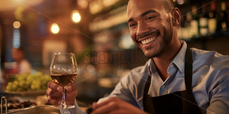 A bartender holding a glass of wine at a event wine tasting  - Starpik