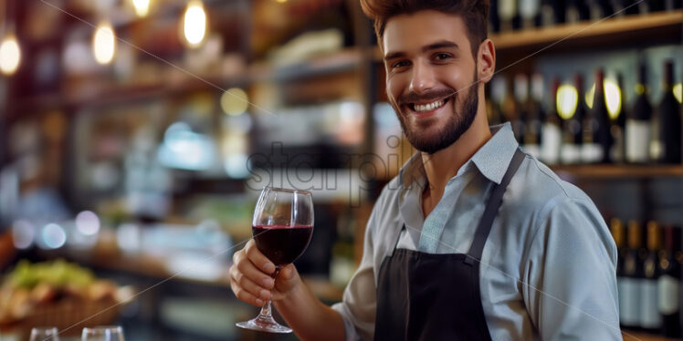 A bartender holding a glass of wine at a event wine tasting  - Starpik