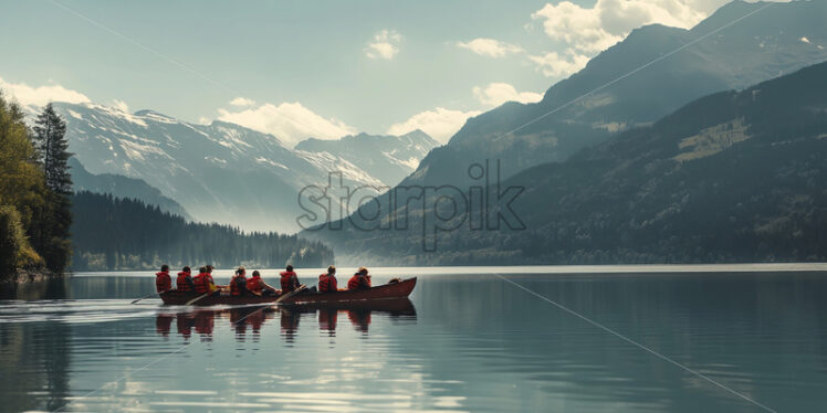 A team canoeing on a mountain lake beauty nature view - Starpik