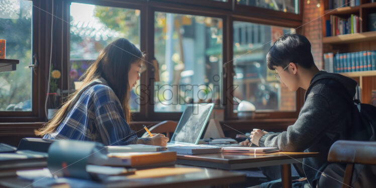 Asian students studying courses in a library  - Starpik