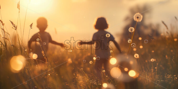 Children playing in countryside at sunset - Starpik