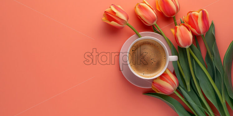 Coffee and tulip flowers vibrant background - Starpik