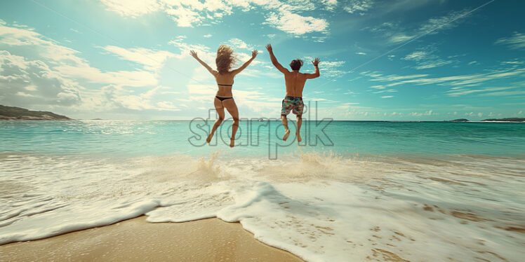 Couple at the beach happy jumping  - Starpik