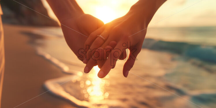 Couple hands holding at the beach sunset view - Starpik