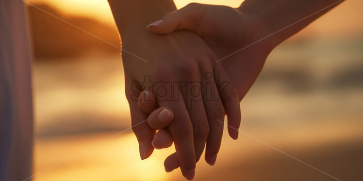 Couple hands holding at the beach sunset view - Starpik