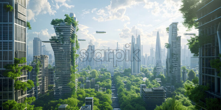 Futuristic city with green buildings and skyscrapers  - Starpik