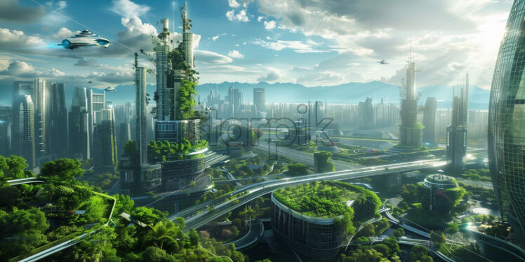 Futuristic city with green buildings and skyscrapers  - Starpik