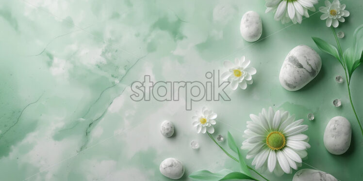 Green marble background with chamomile - Starpik