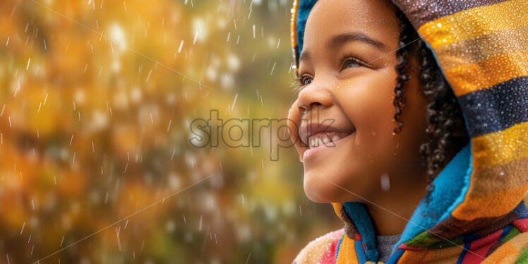 Kid playing in the rain, afro american in colourful rainy coat - Starpik