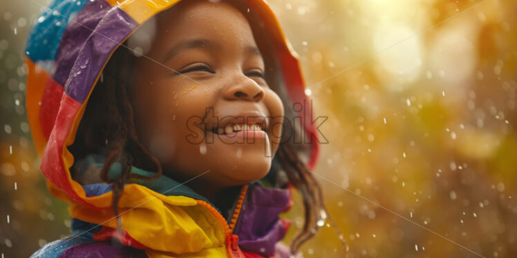 Kid playing in the rain, afro american in colourful rainy coat - Starpik