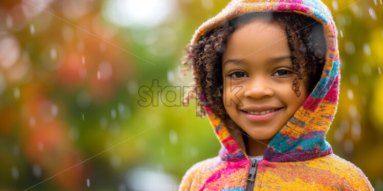 Kid playing in the rain, afro american in colourful rainy coat - Starpik