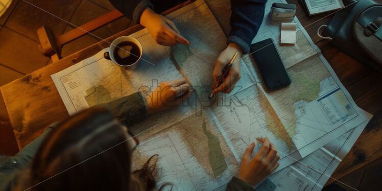 Man and woman talking travel plans map at the table top view - Starpik