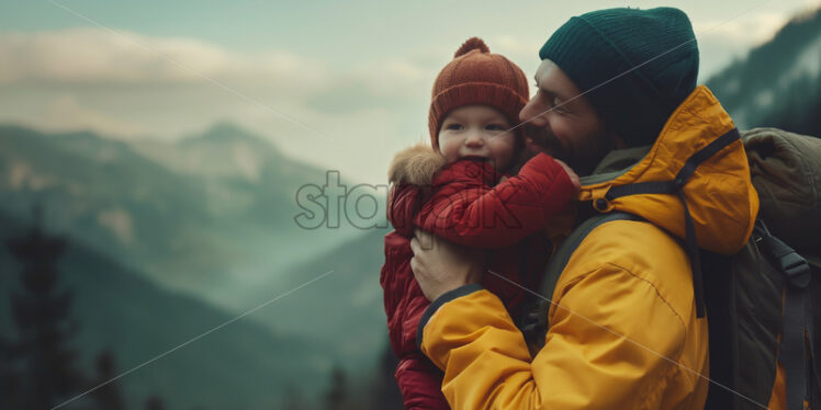 Man with his toddler child hiking in the mountains - Starpik