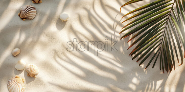 Sand beach with palm leaves shadow background for product placement  - Starpik