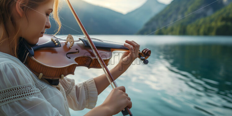 Woman playing violin in the mountains with lake view - Starpik