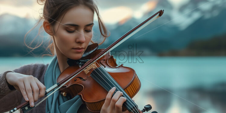 Woman playing violin in the mountains with lake view - Starpik