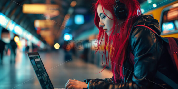 Woman red hair working at a station - Starpik