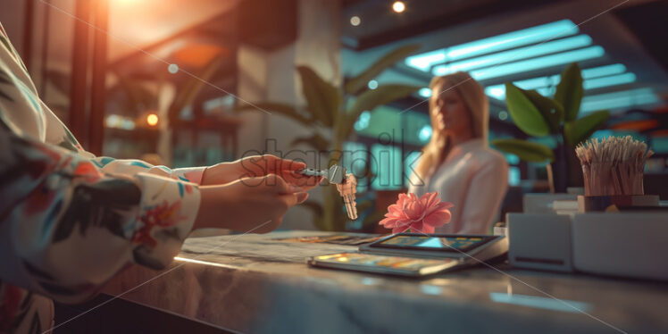 Woman traveler checking in a hotel taking the keys - Starpik