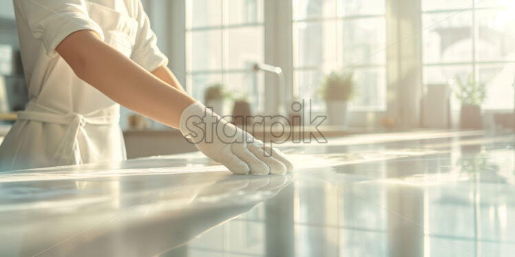 Woman with gloves cleaning the table - Starpik