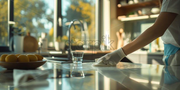 Woman with gloves cleaning the table - Starpik