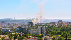 VIDEO Aerial drone view of smoke coming out of a building in Chisinau, Moldova - Starpik