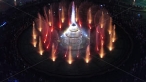 VIDEO Aerial drone view of the illuminated Bucharest fountains in Romania, at night - Starpik