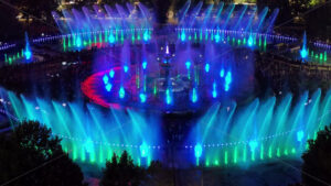 VIDEO Aerial drone view of the illuminated Bucharest fountains in Romania, at night - Starpik