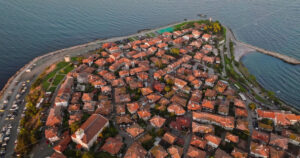 Royalty free stock footage Aerial drone view of the old town Nessebar, Bulgaria at sunset - Starpik