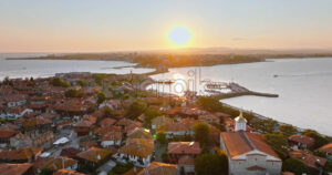 Royalty free stock footage Aerial drone view of the old town Nessebar, Bulgaria at sunset - Starpik