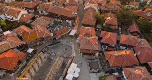 Royalty free stock footage Aerial drone view of the old town Nessebar, Bulgaria at sunset - Starpik