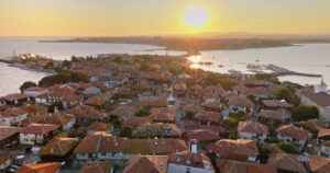 Royalty free stock footage Aerial drone view of the old town Nessebar, Bulgaria at sunset - Starpik