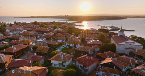 Royalty free stock footage Aerial drone view of the old town Nessebar, Bulgaria at sunset - Starpik