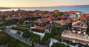 Royalty free stock footage Aerial drone view of the old town Nessebar, Bulgaria at sunset - Starpik