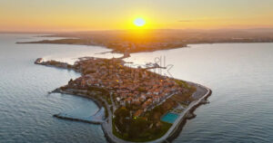 Royalty free stock video Aerial drone view of the old town Nessebar, Bulgaria at sunset - Starpik