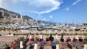 Royalty free stock video View of white boats docked in the Monaco Marina with the skyline on the background - Starpik