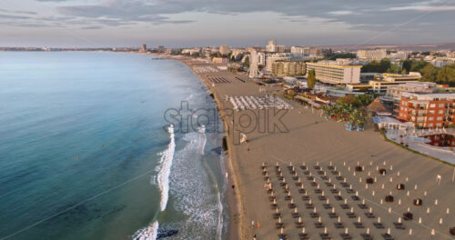 Royalty free video Aerial drone view of the Sunny Beach resort in Bulgaria at sunset - Starpik