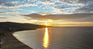 Royalty free video Aerial drone view of the Sunny Beach resort in Bulgaria at sunset - Starpik