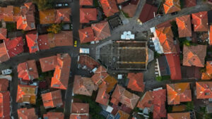 Royalty free video Aerial drone view of the old town Nessebar, Bulgaria at sunset - Starpik